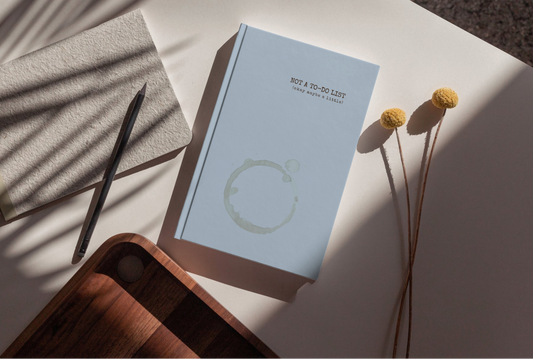 Light blue notebook with a minimalistic design on a white surface with a pen and dried flowers.